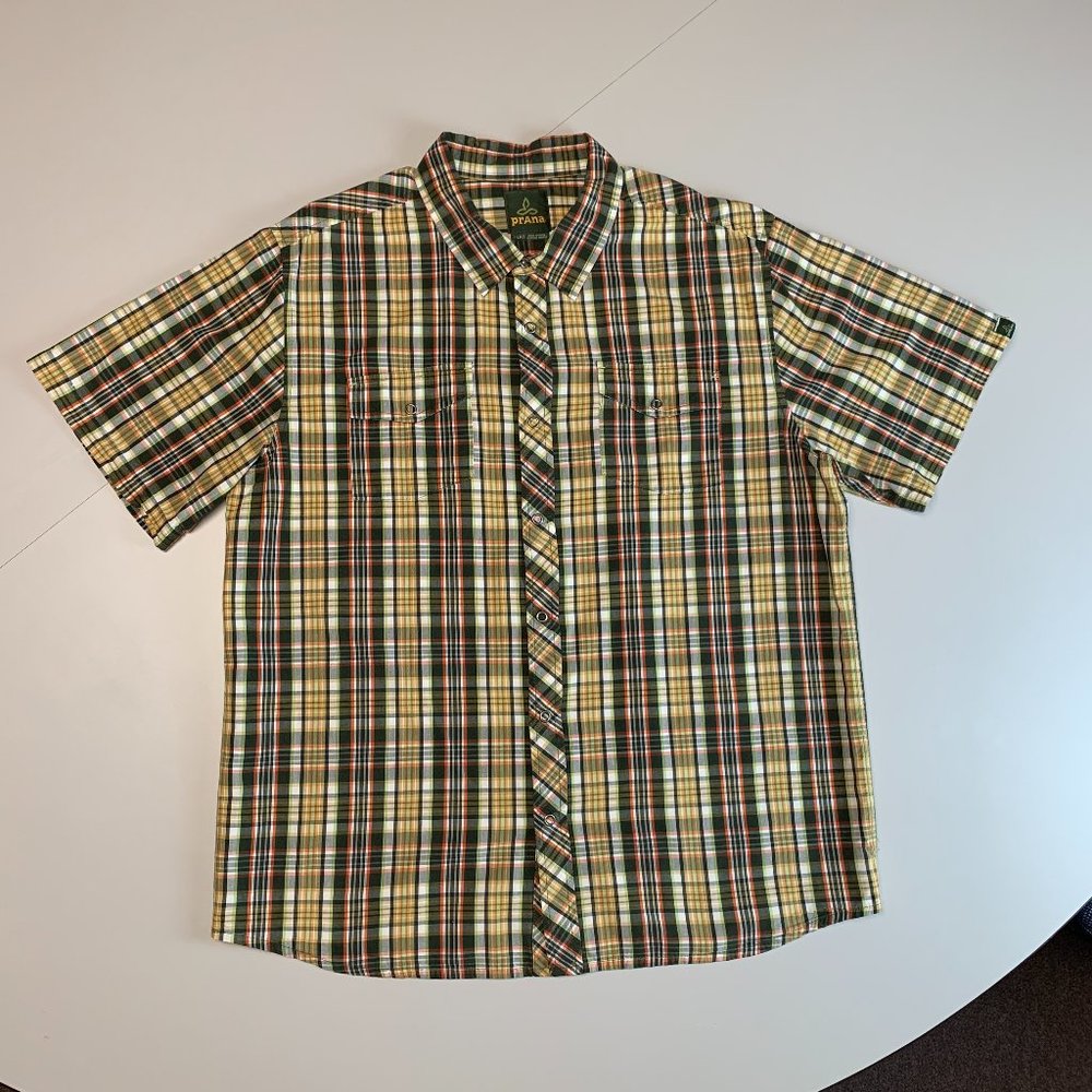 PrAna Mens size XL Red, Orange, Yellow, Dark and Light Gray, Green Button Down